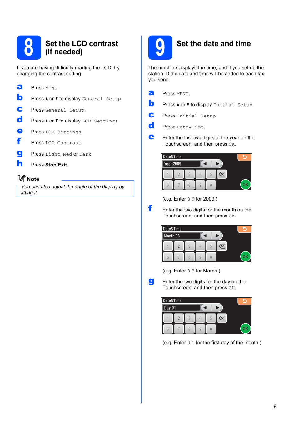 8 set the lcd contrast (if needed), 9 set the date and time, Set the lcd contrast (if needed) | Set the date and time | Brother MFC 6890CDW User Manual | Page 9 / 48