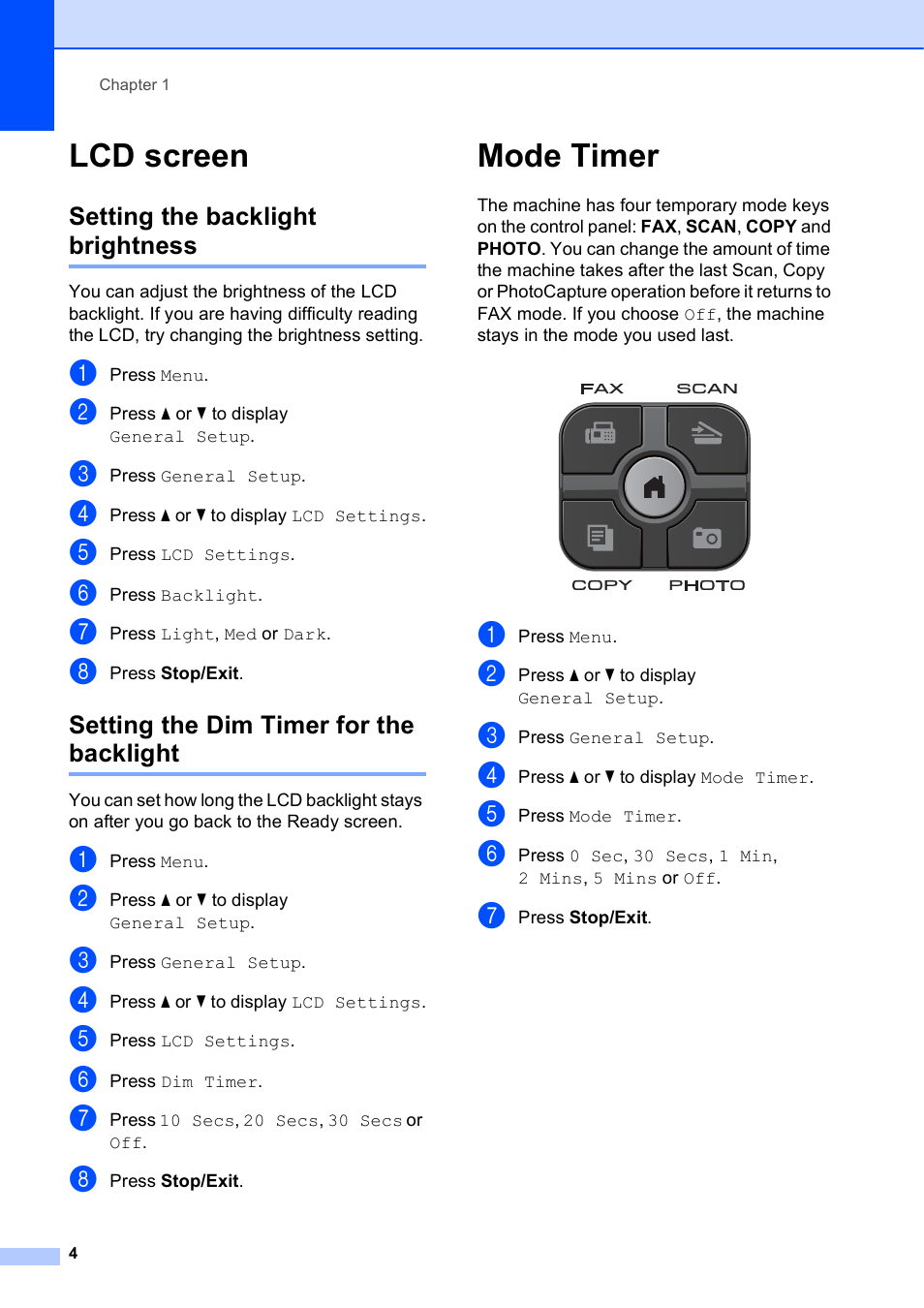 Lcd screen, Setting the backlight brightness, Setting the dim timer for the backlight | Mode timer | Brother MFC-J835DW User Manual | Page 10 / 82