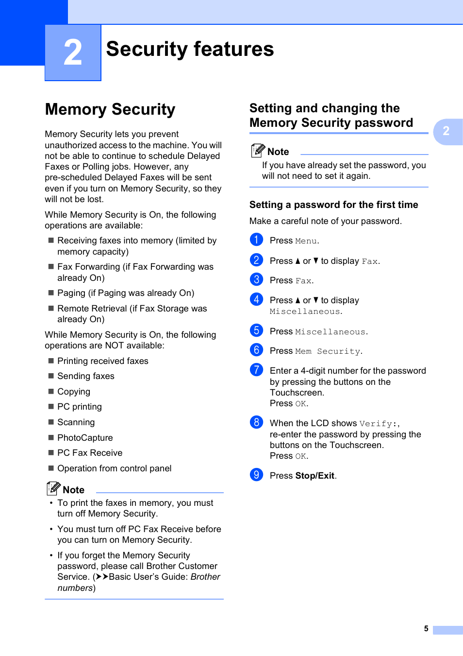 2 security features, Memory security, Setting and changing the memory security password | Setting a password for the first time, Security features | Brother MFC-J835DW User Manual | Page 11 / 82
