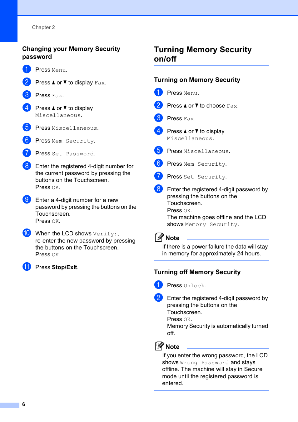 Changing your memory security password, Turning memory security on/off, Turning on memory security | Turning off memory security | Brother MFC-J835DW User Manual | Page 12 / 82