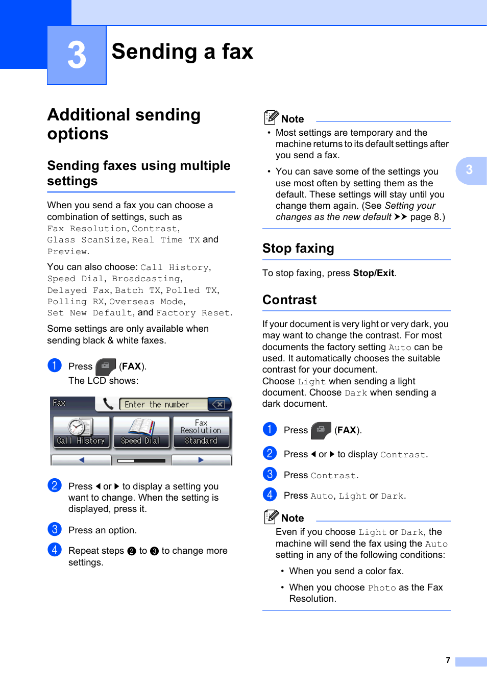 3 sending a fax, Additional sending options, Sending faxes using multiple settings | Stop faxing, Contrast, Sending a fax | Brother MFC-J835DW User Manual | Page 13 / 82