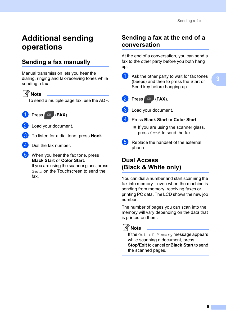Additional sending operations, Sending a fax manually, Sending a fax at the end of a conversation | Dual access (black & white only) | Brother MFC-J835DW User Manual | Page 15 / 82