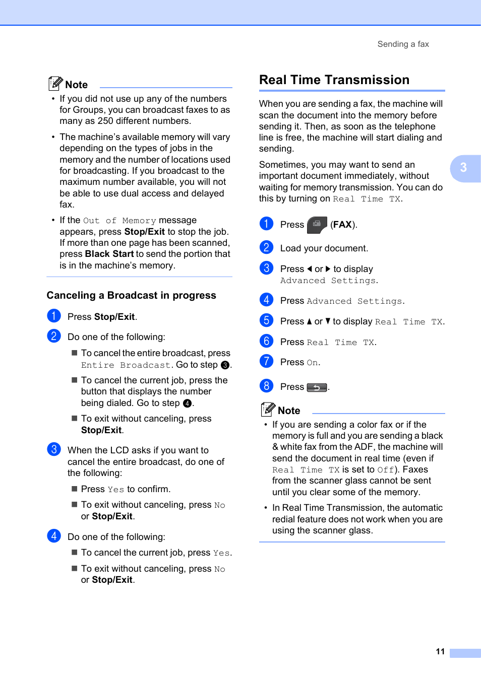 Canceling a broadcast in progress, Real time transmission | Brother MFC-J835DW User Manual | Page 17 / 82