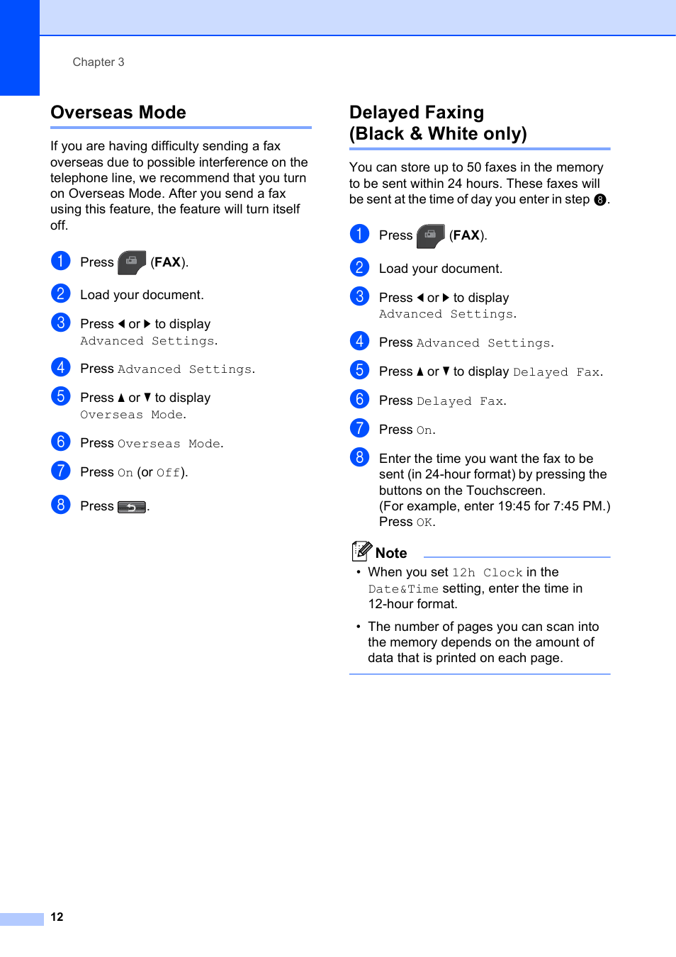 Overseas mode, Delayed faxing (black & white only), Overseas mode delayed faxing (black & white only) | Brother MFC-J835DW User Manual | Page 18 / 82
