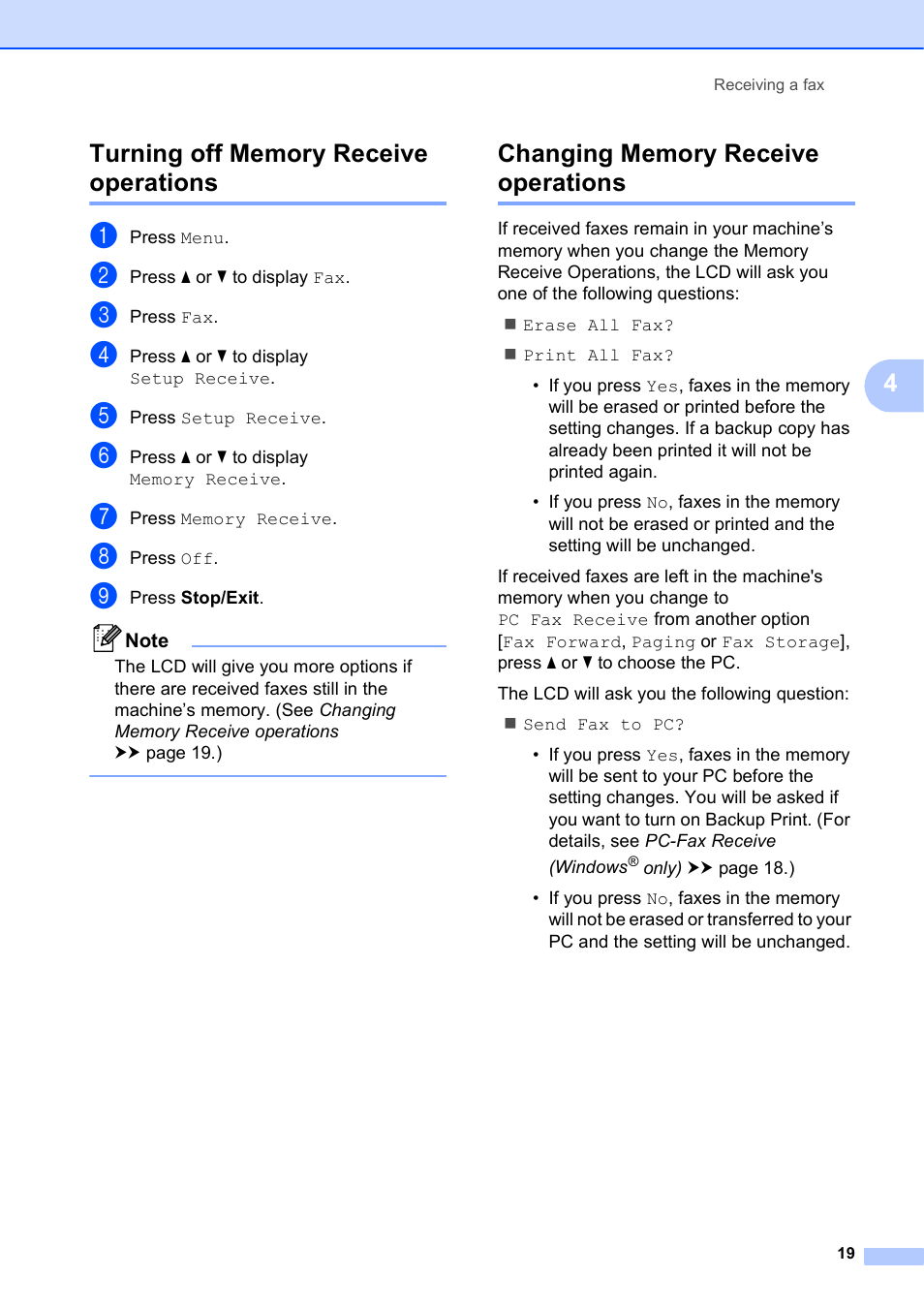 Turning off memory receive operations, Changing memory receive operations | Brother MFC-J835DW User Manual | Page 25 / 82