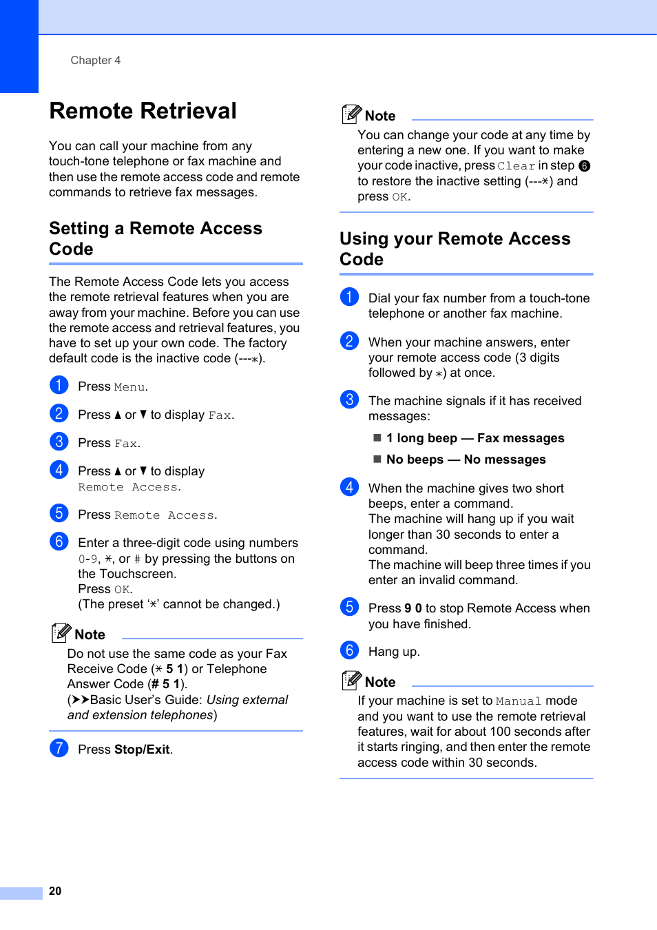 Remote retrieval, Setting a remote access code, Using your remote access code | Brother MFC-J835DW User Manual | Page 26 / 82