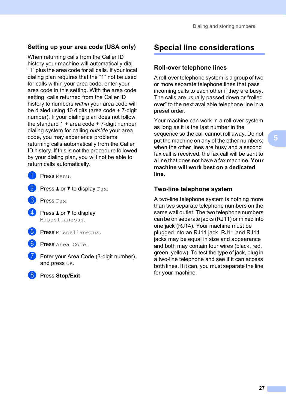 Setting up your area code (usa only), Special line considerations, Roll-over telephone lines | Two-line telephone system | Brother MFC-J835DW User Manual | Page 33 / 82