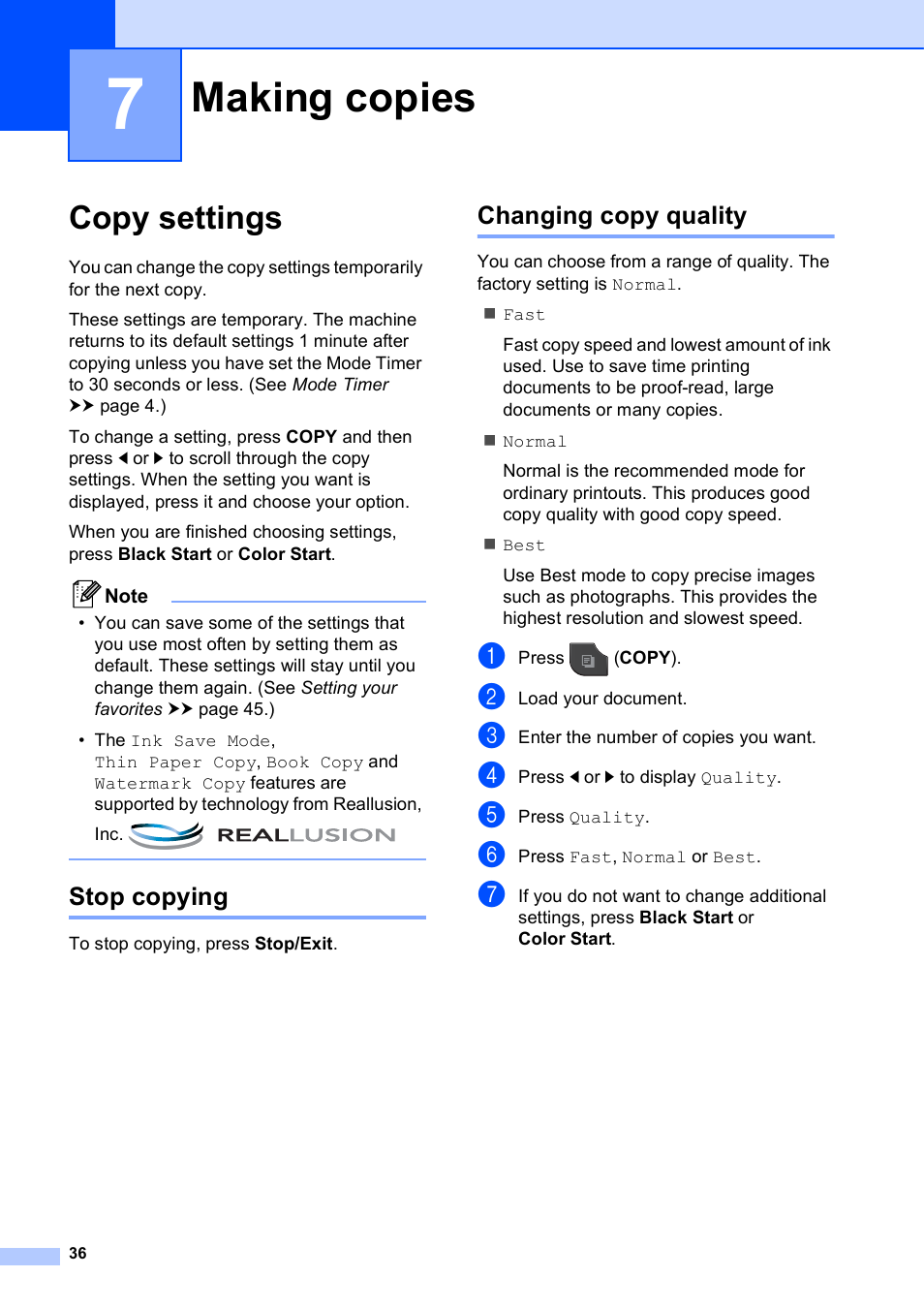 7 making copies, Copy settings, Stop copying | Changing copy quality, Making copies, Stop copying changing copy quality | Brother MFC-J835DW User Manual | Page 42 / 82