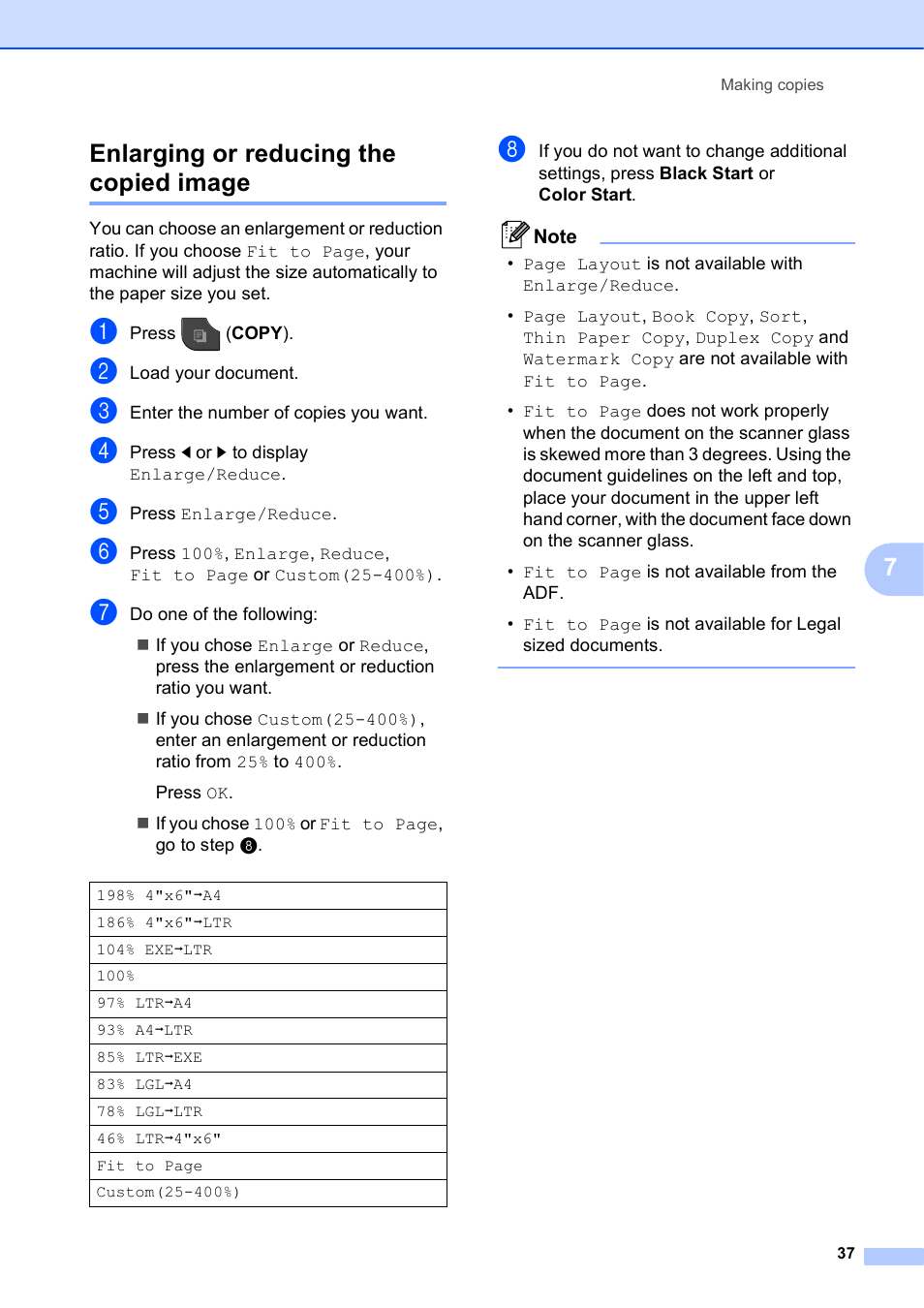 Enlarging or reducing the copied image, 7enlarging or reducing the copied image | Brother MFC-J835DW User Manual | Page 43 / 82