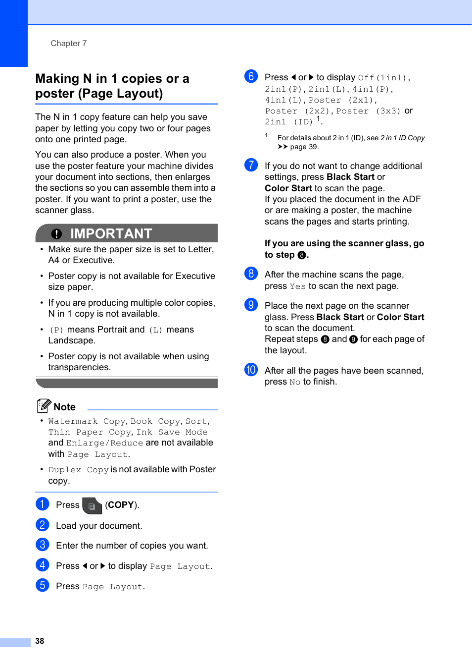 Important, Making n in 1 copies or a poster (page layout) | Brother MFC-J835DW User Manual | Page 44 / 82