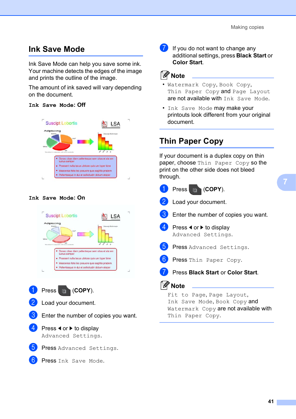 Ink save mode, Thin paper copy, Ink save mode thin paper copy | 7ink save mode | Brother MFC-J835DW User Manual | Page 47 / 82