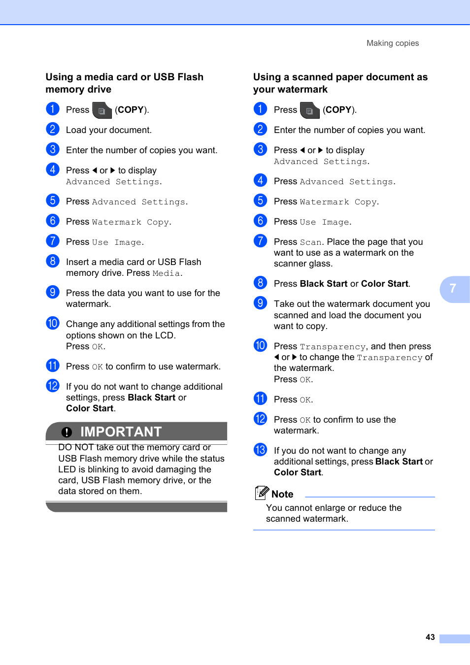 Using a media card or usb flash memory drive, Using a scanned paper document as your watermark, Important | Brother MFC-J835DW User Manual | Page 49 / 82