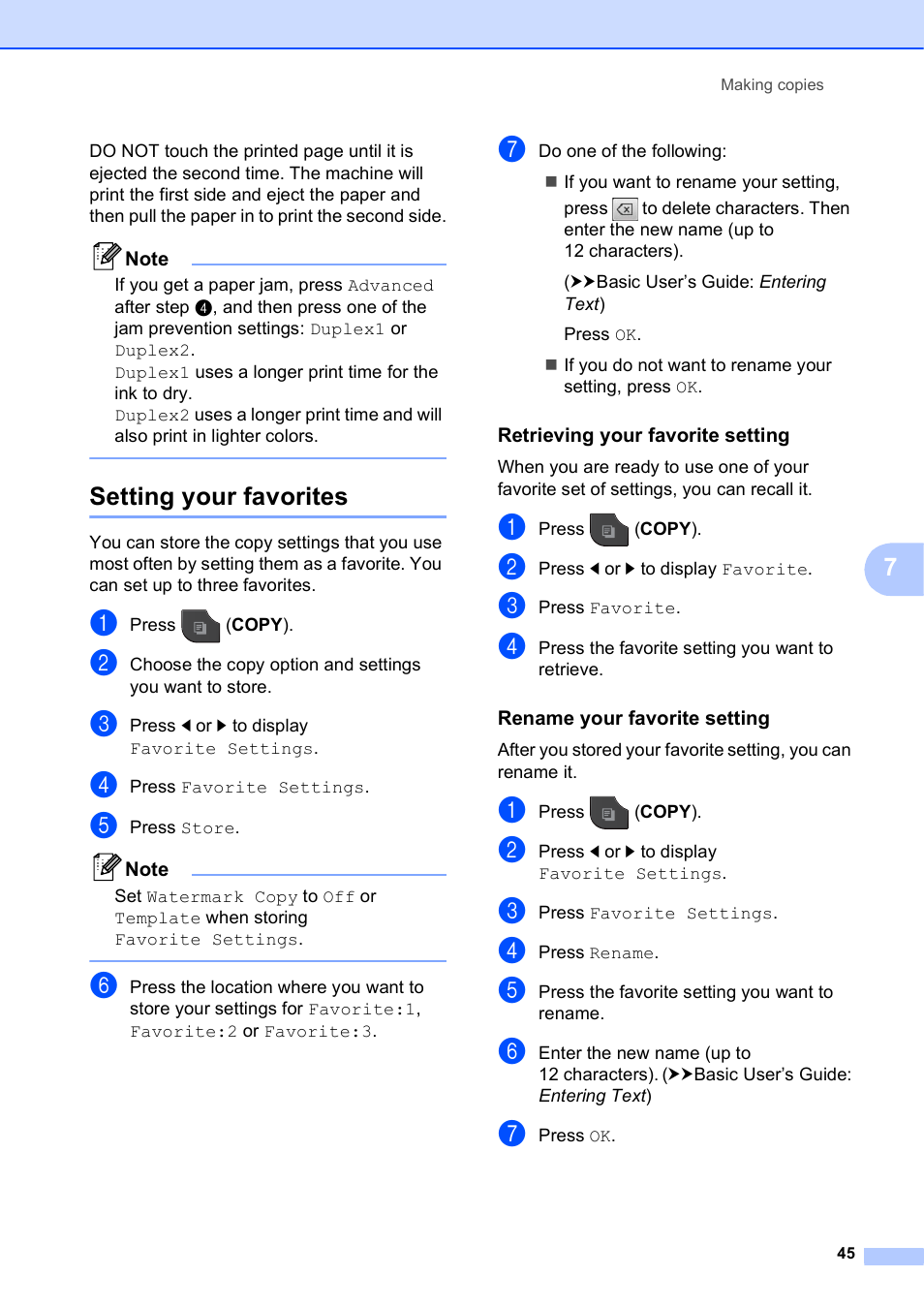 Setting your favorites, Retrieving your favorite setting, Rename your favorite setting | Brother MFC-J835DW User Manual | Page 51 / 82