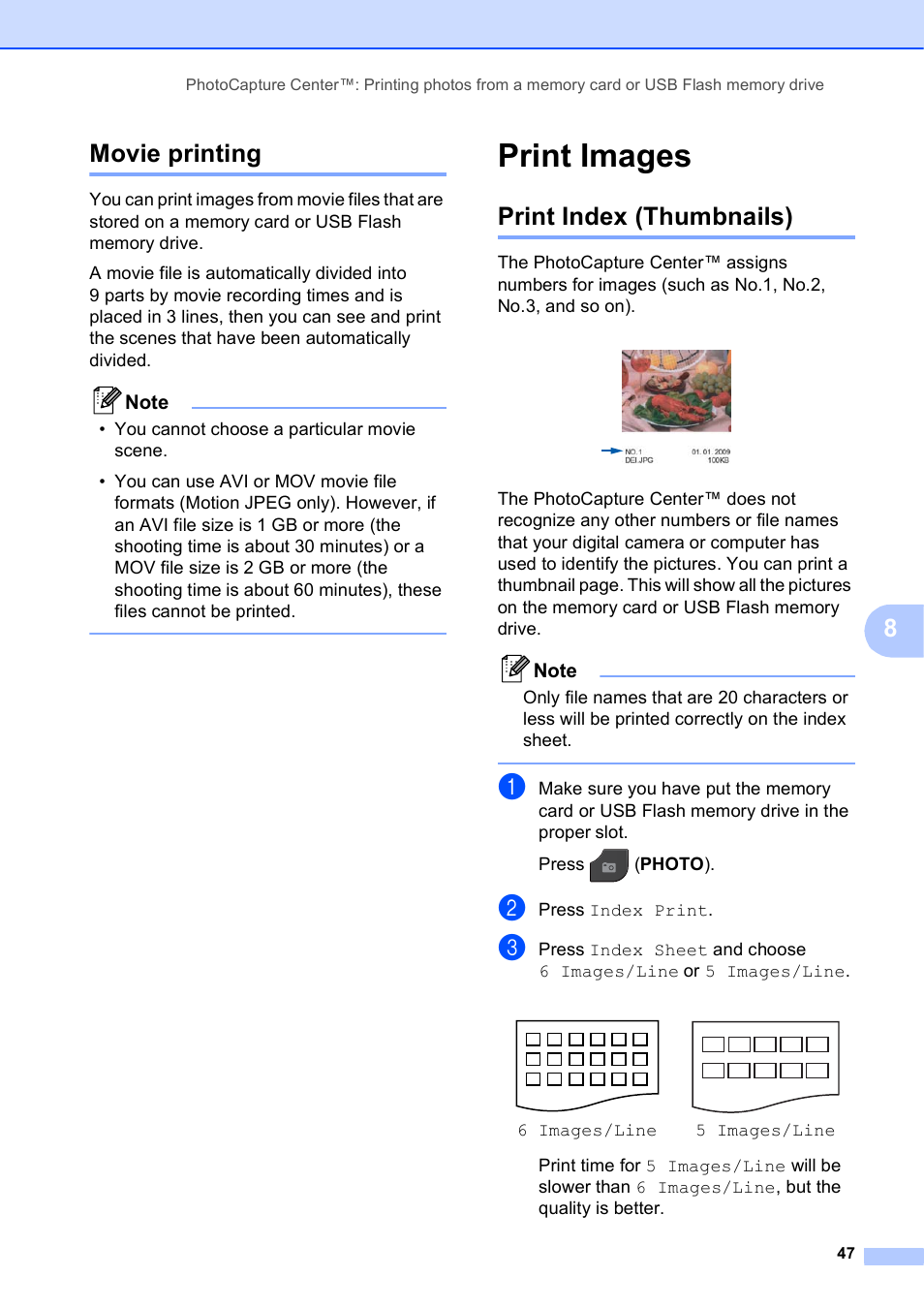 Movie printing, Print images, Print index (thumbnails) | 8movie printing | Brother MFC-J835DW User Manual | Page 53 / 82