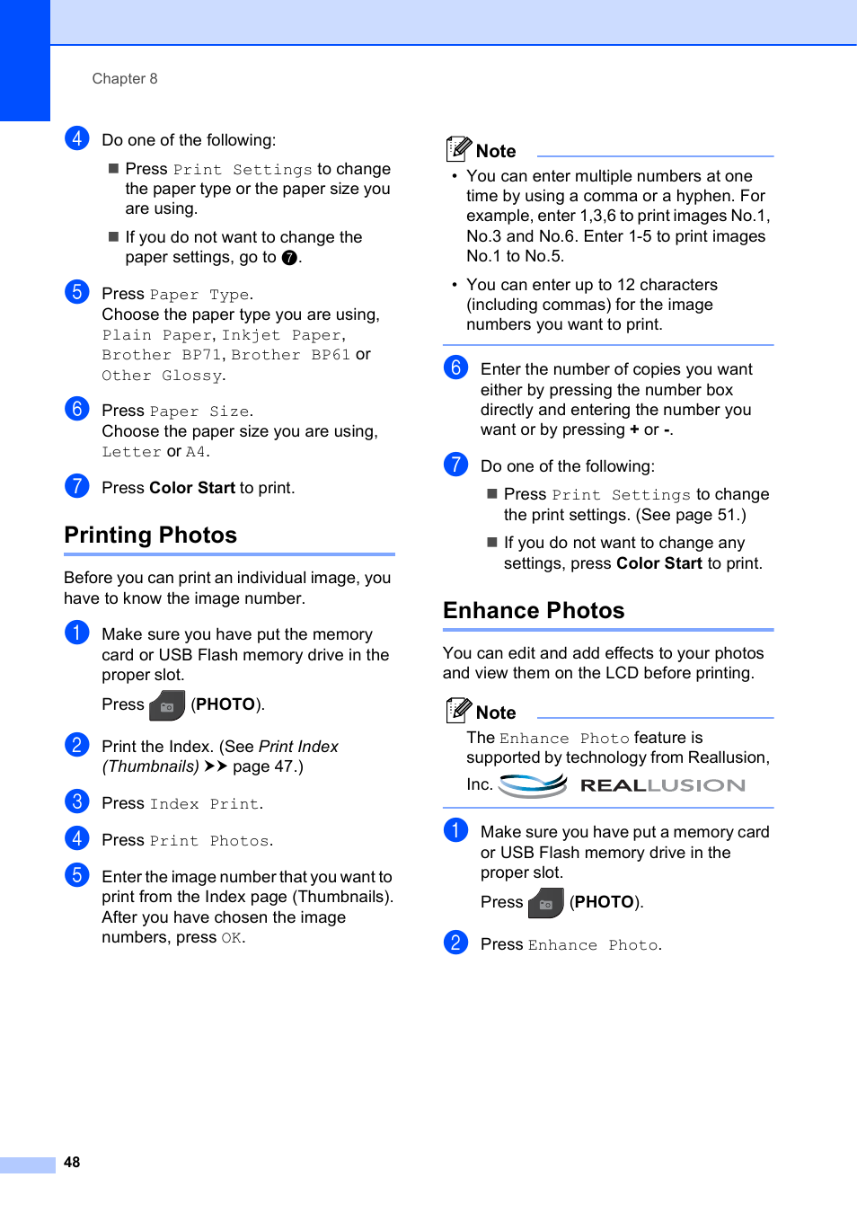 Printing photos, Enhance photos, Printing photos enhance photos | Brother MFC-J835DW User Manual | Page 54 / 82