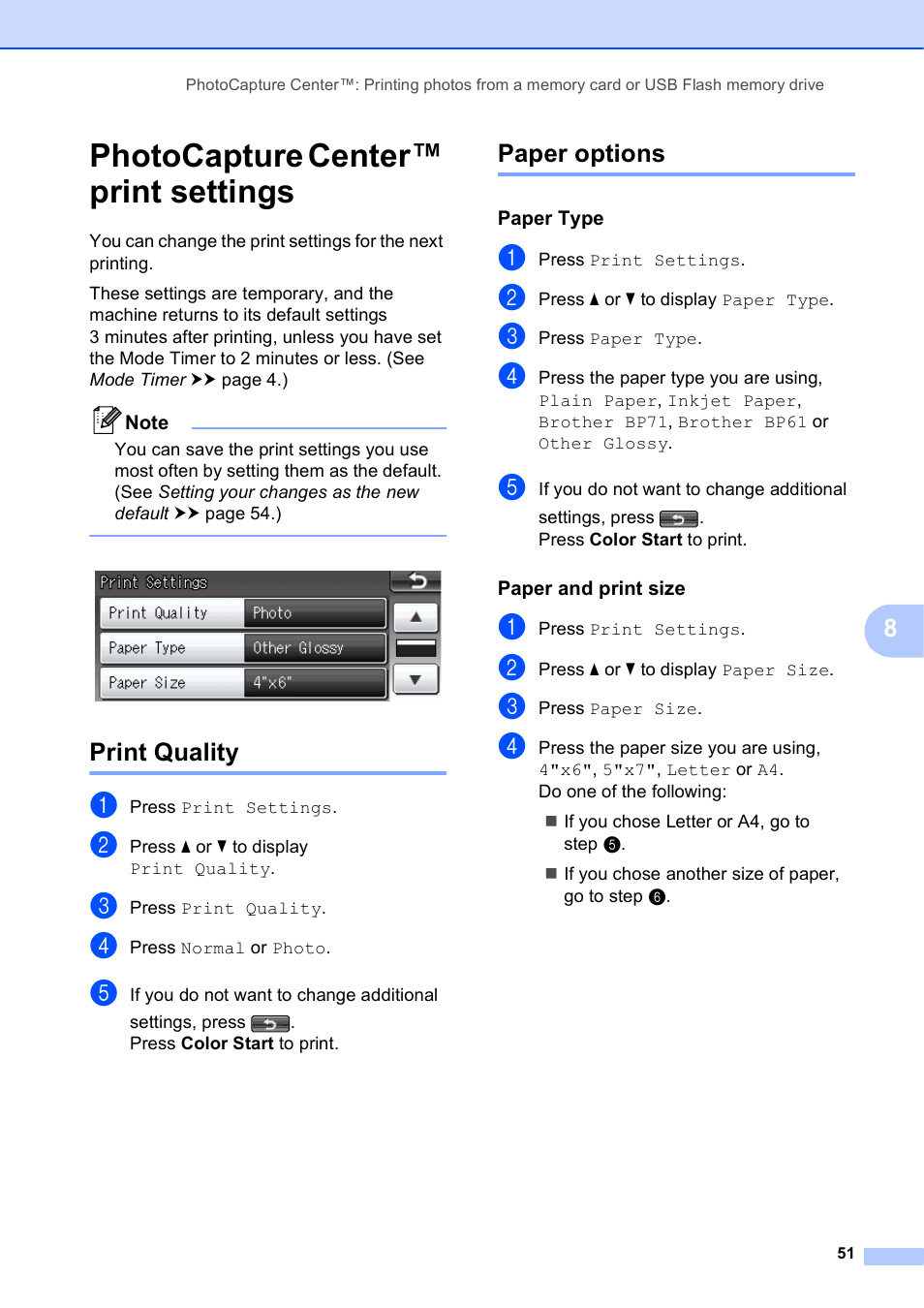 Photocapture center™ print settings, Print quality, Paper options | Paper type, Paper and print size, Print quality paper options | Brother MFC-J835DW User Manual | Page 57 / 82
