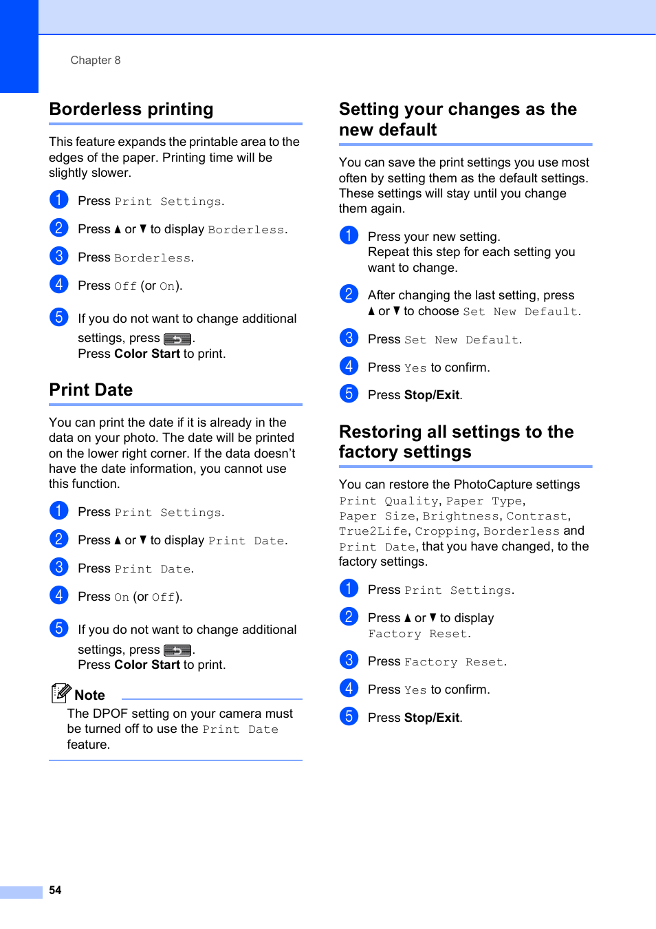 Borderless printing, Print date, Setting your changes as the new default | Restoring all settings to the factory settings | Brother MFC-J835DW User Manual | Page 60 / 82