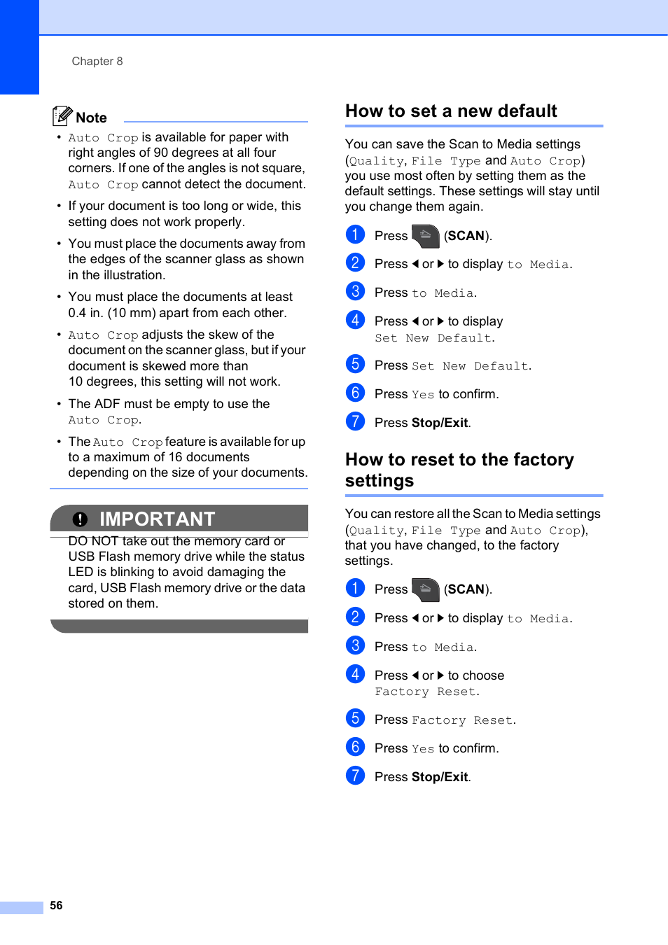 How to set a new default, How to reset to the factory settings, Important | Brother MFC-J835DW User Manual | Page 62 / 82