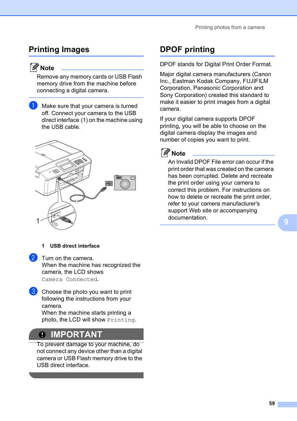 Printing images, Dpof printing, Printing images dpof printing | Important, 9printing images | Brother MFC-J835DW User Manual | Page 65 / 82
