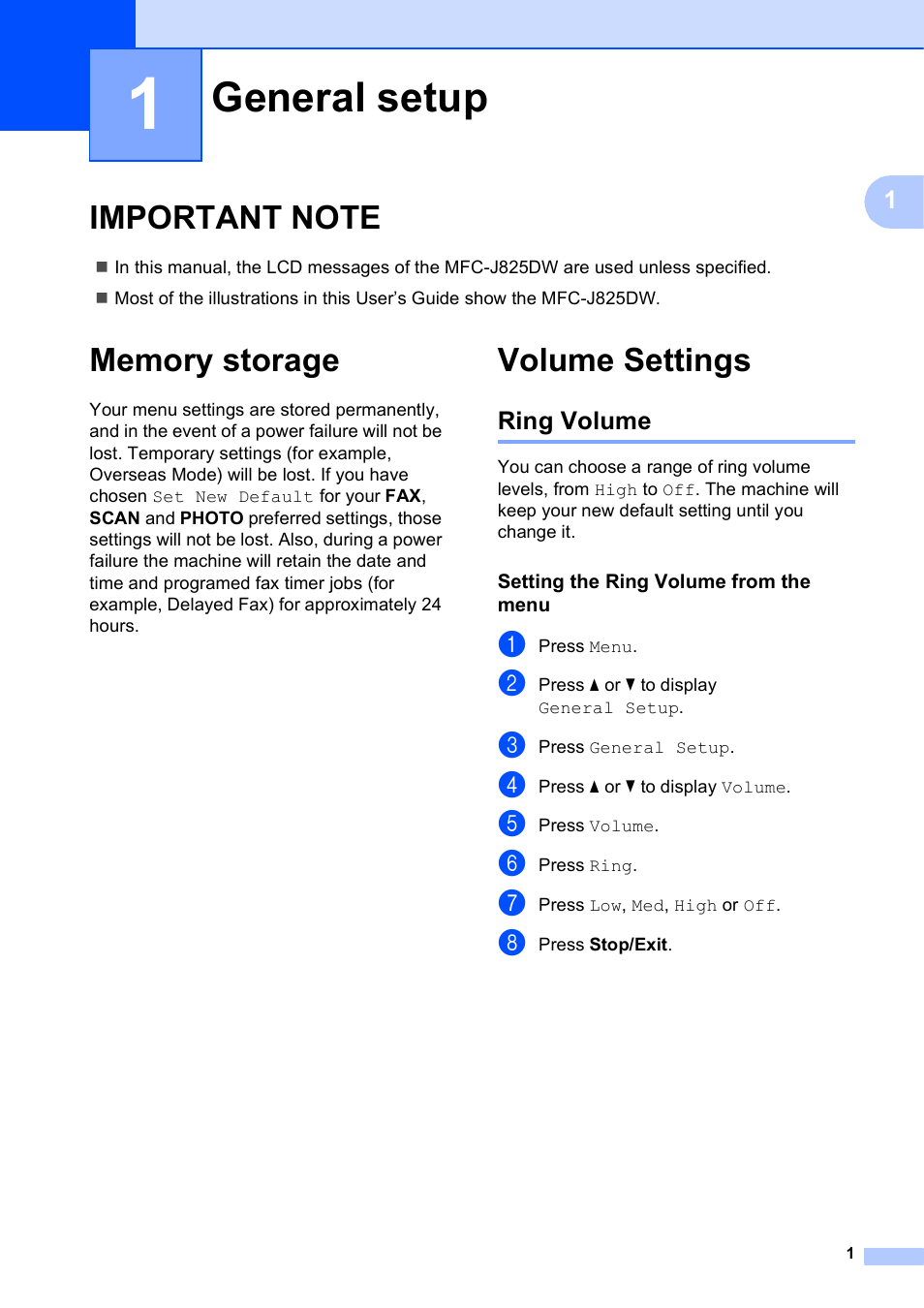 1 general setup, Important note, Memory storage | Volume settings, Ring volume, Setting the ring volume from the menu, General setup, Important note memory storage volume settings | Brother MFC-J835DW User Manual | Page 7 / 82