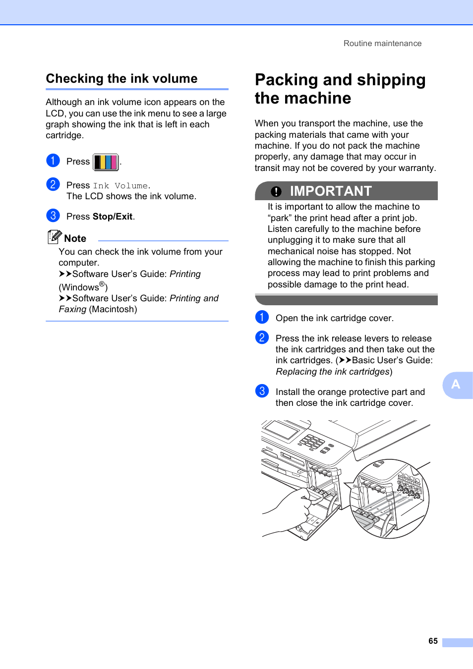Checking the ink volume, Packing and shipping the machine, Important | Achecking the ink volume | Brother MFC-J835DW User Manual | Page 71 / 82