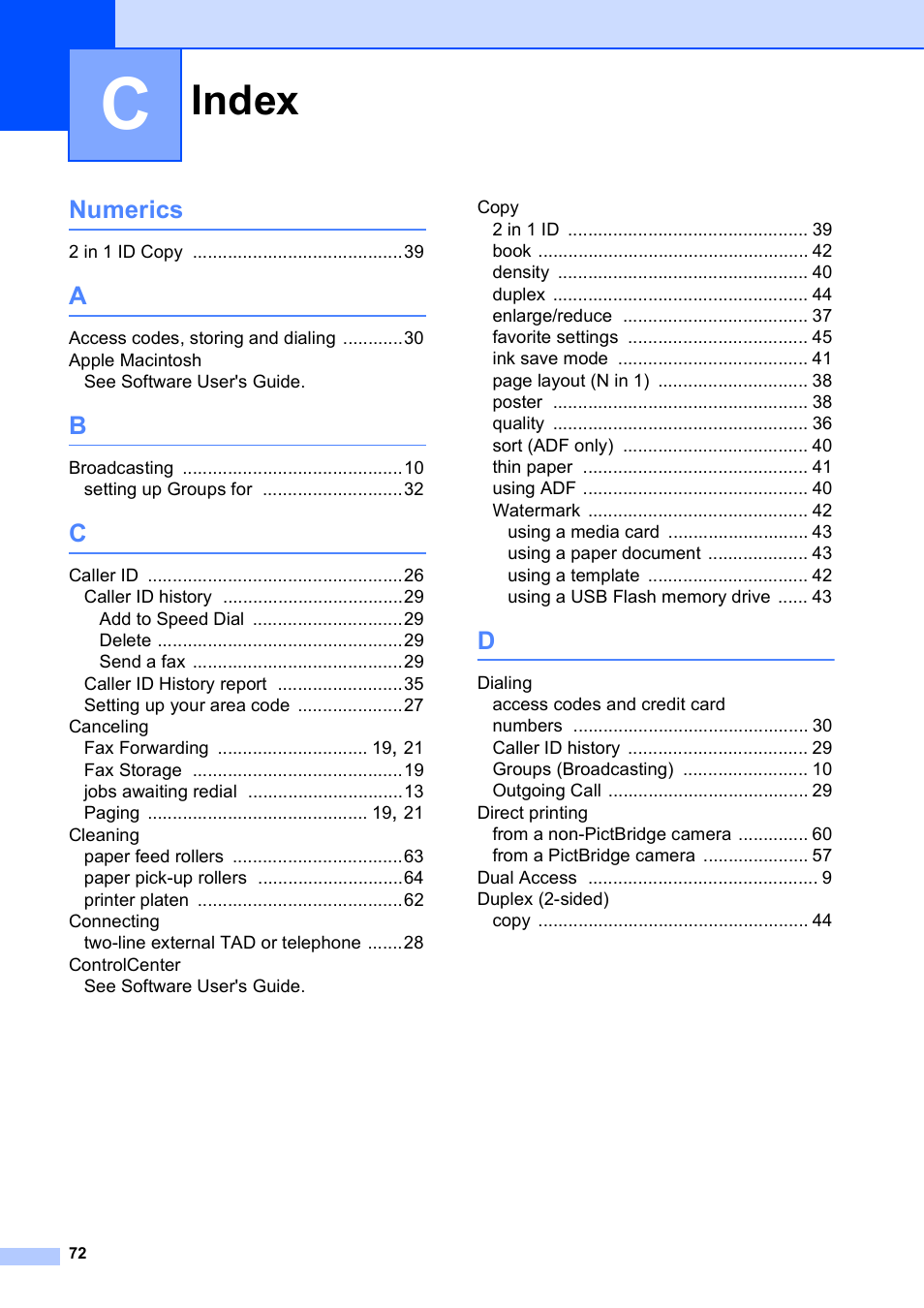 Index, Numerics | Brother MFC-J835DW User Manual | Page 78 / 82