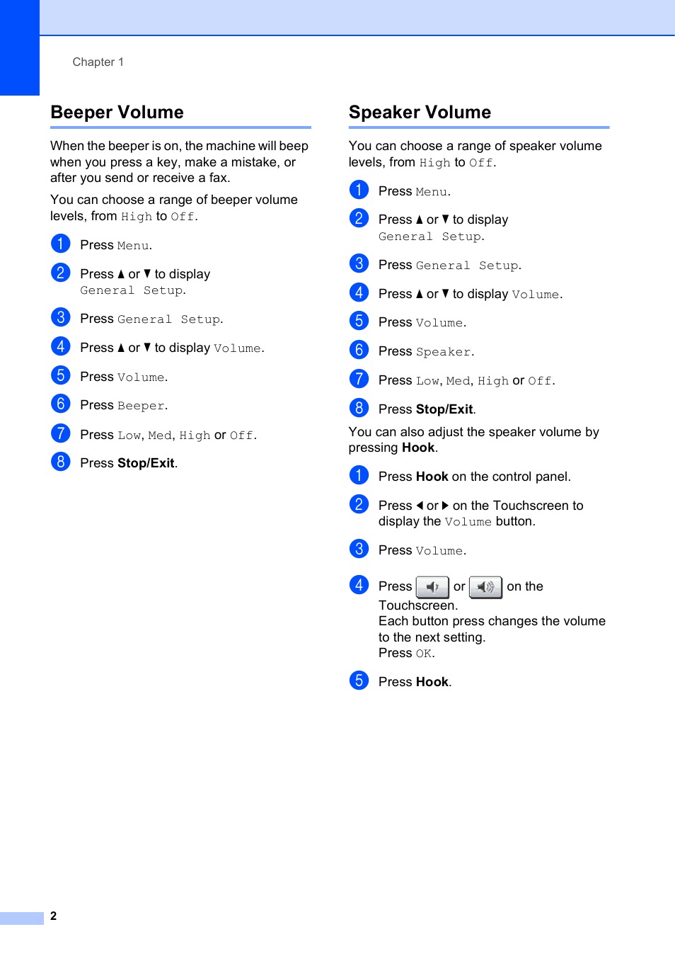 Beeper volume, Speaker volume, Beeper volume speaker volume | Brother MFC-J835DW User Manual | Page 8 / 82