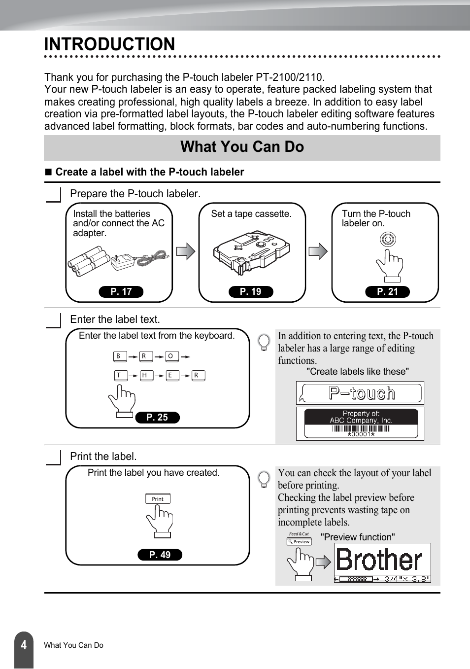 Introduction, What you can do | Brother PT-2100 User Manual | Page 10 / 161