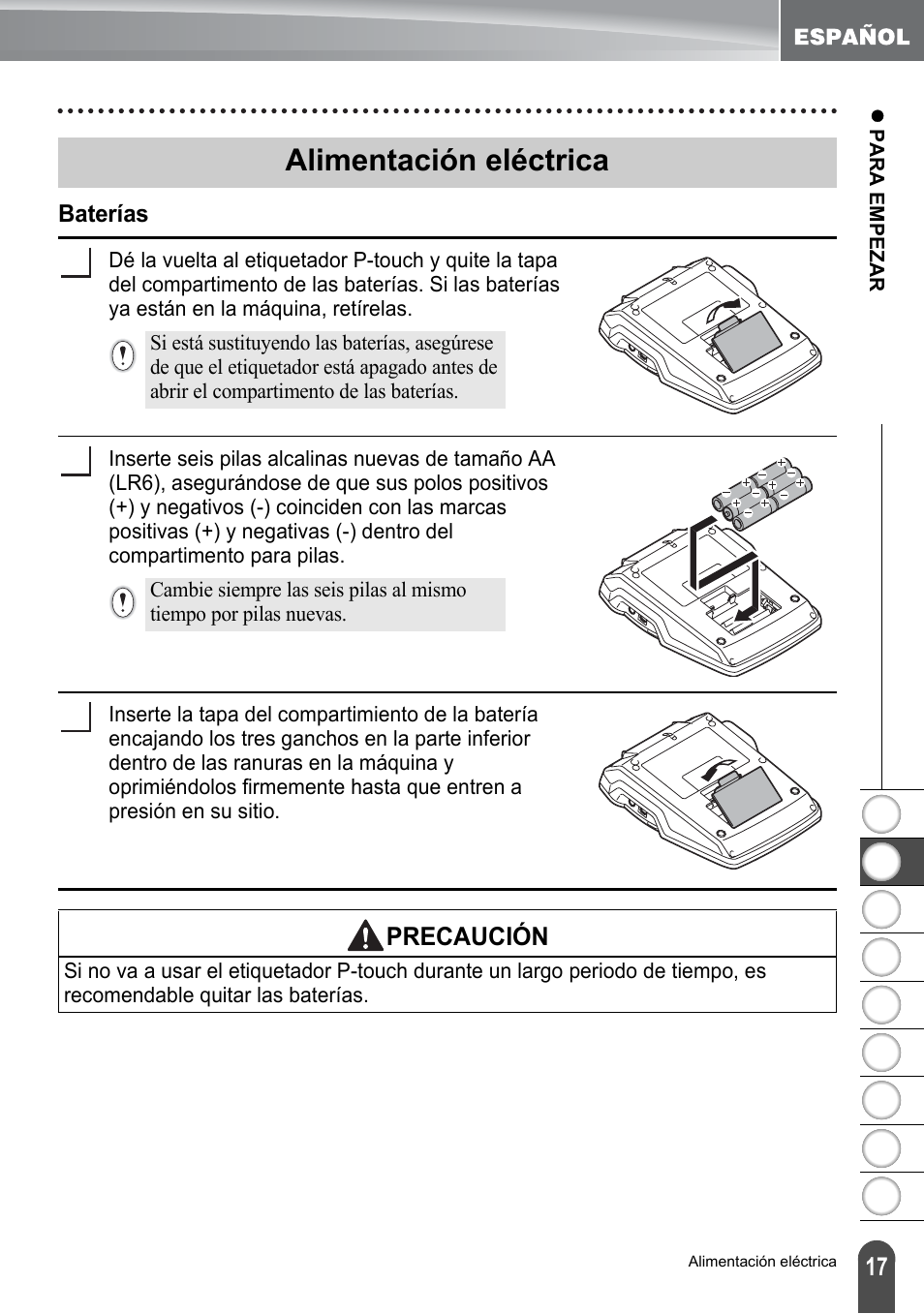 Alimentación eléctrica, Baterías, P. 17 | Precaución | Brother PT-2100 User Manual | Page 101 / 161