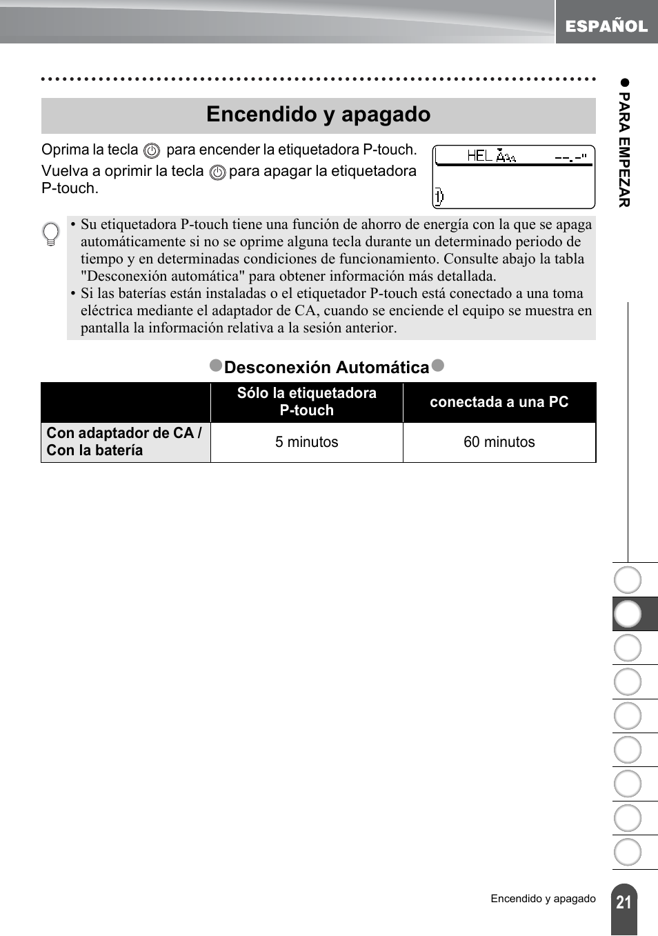 Encendido y apagado, P. 21, Zencendido y apagado | Brother PT-2100 User Manual | Page 105 / 161