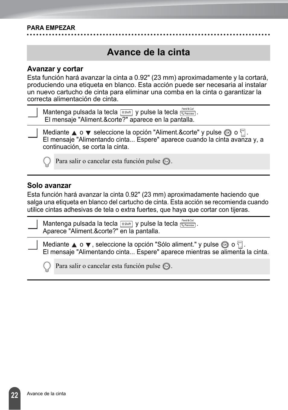 Avance de la cinta, Avanzar y cortar, Solo avanzar | Avanzar y cortar solo avanzar | Brother PT-2100 User Manual | Page 106 / 161