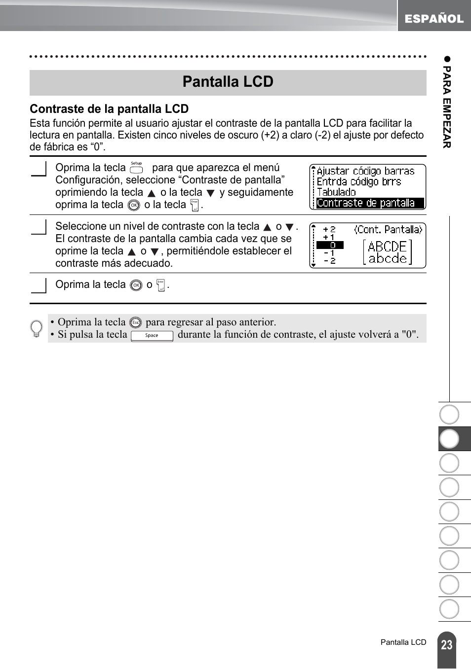 Pantalla lcd, Contraste de la pantalla lcd | Brother PT-2100 User Manual | Page 107 / 161