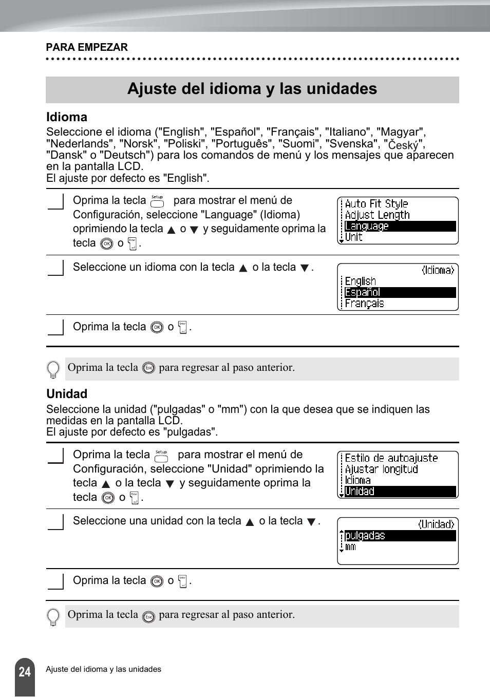 Ajuste del idioma y las unidades, Idioma, Unidad | Idioma unidad | Brother PT-2100 User Manual | Page 108 / 161