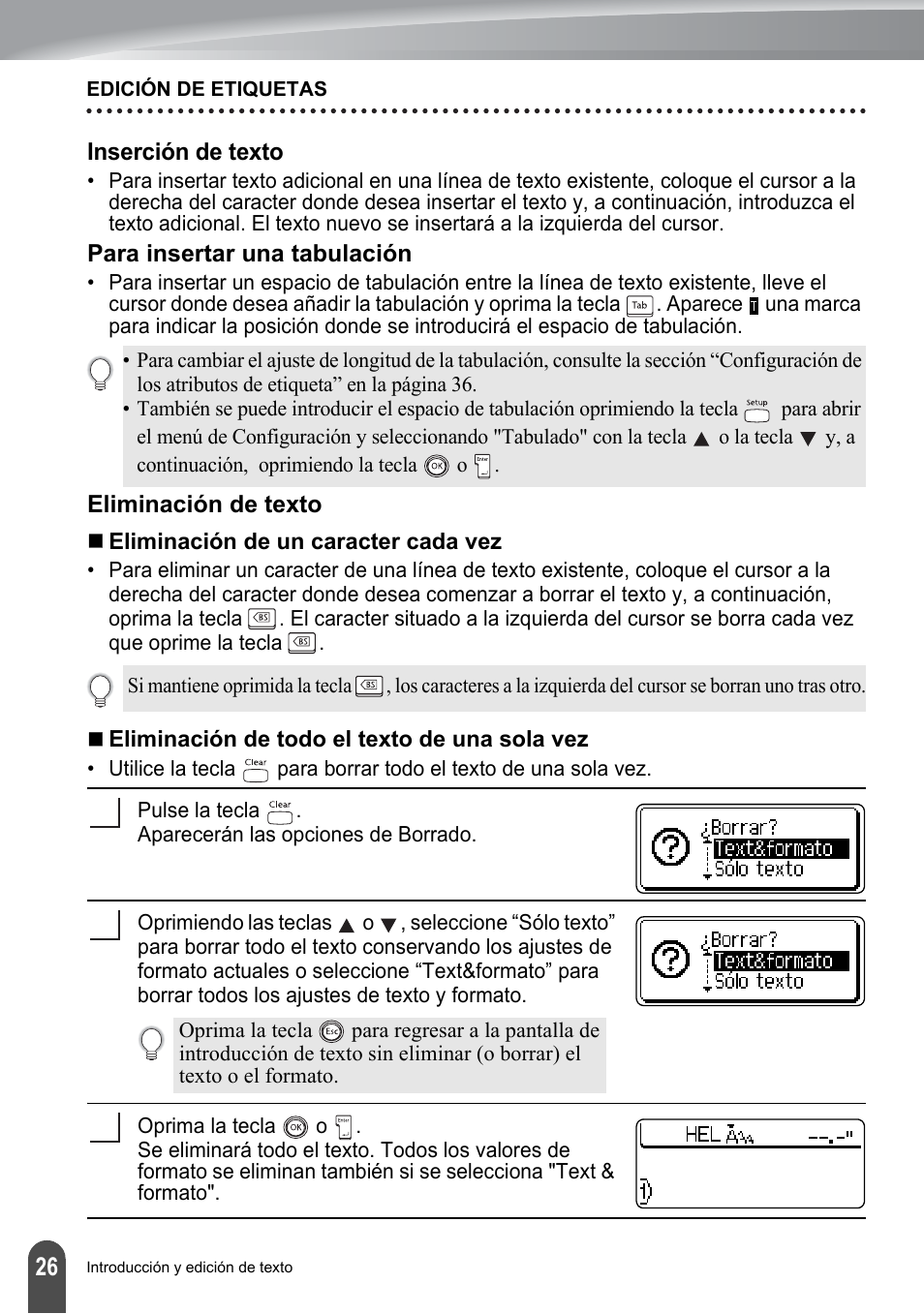 Inserción de texto, Para insertar una tabulación, Eliminación de texto | Brother PT-2100 User Manual | Page 110 / 161