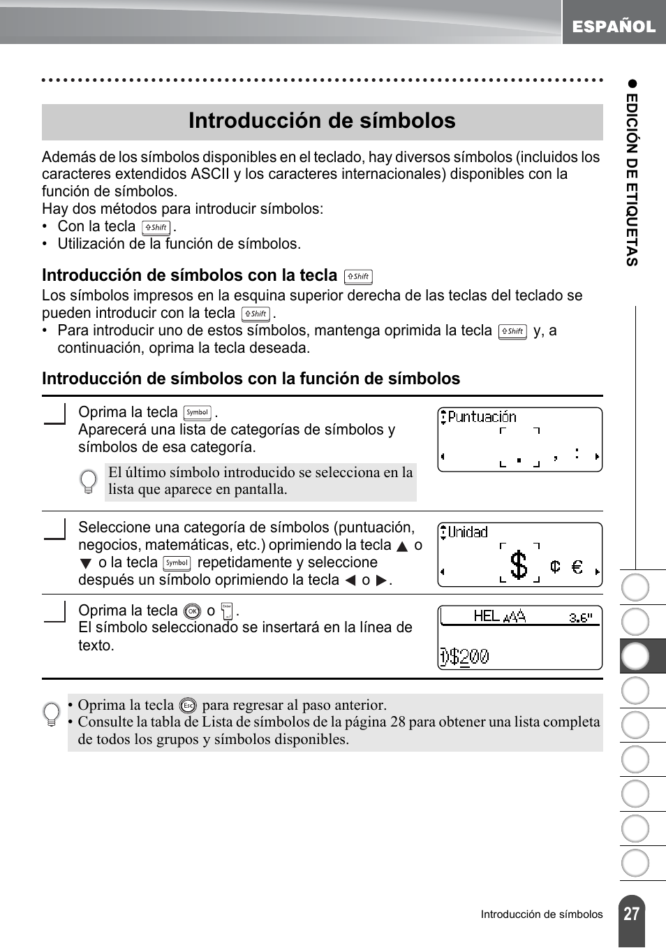 Introducción de símbolos, Introducción de símbolos con la tecla | Brother PT-2100 User Manual | Page 111 / 161