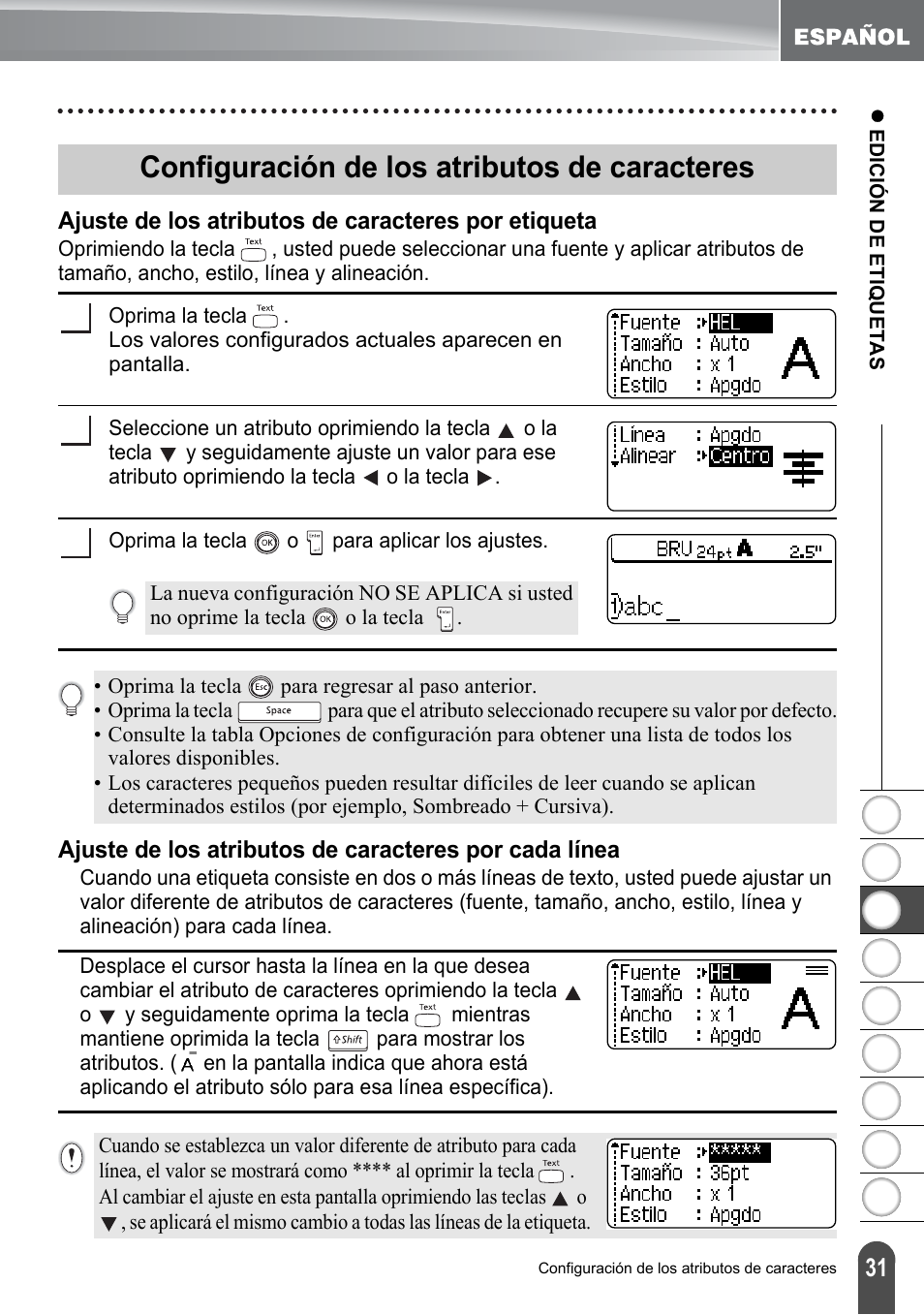 Configuración de los atributos de caracteres, Ajuste de los atributos de caracteres por etiqueta, P. 31 | Brother PT-2100 User Manual | Page 115 / 161