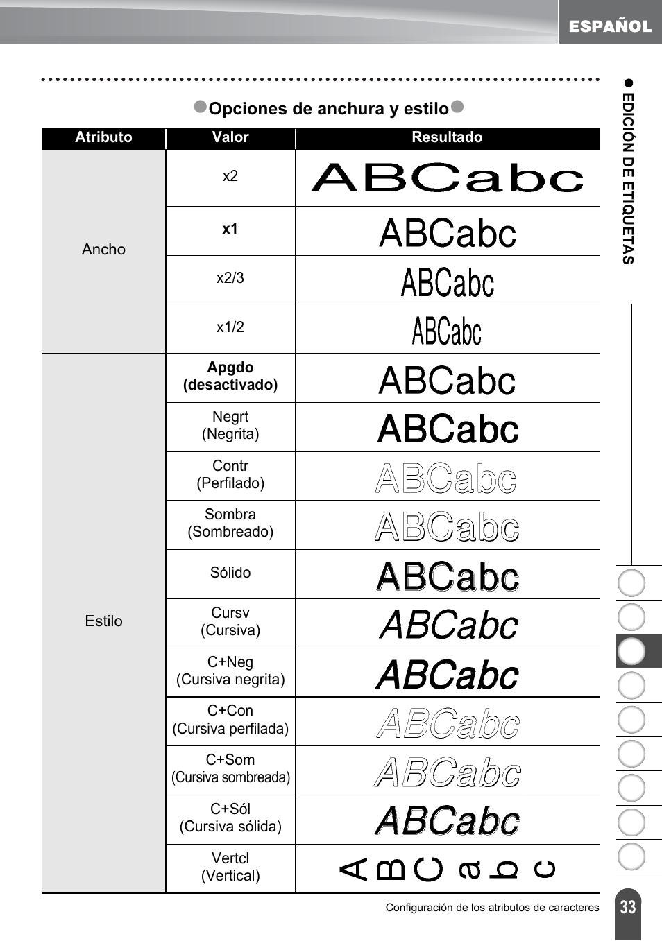 Opciones de anchura y estilo | Brother PT-2100 User Manual | Page 117 / 161