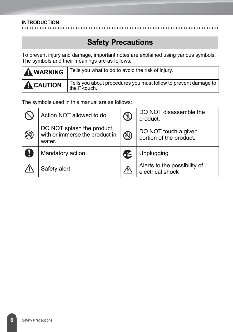 Safety precautions | Brother PT-2100 User Manual | Page 12 / 161