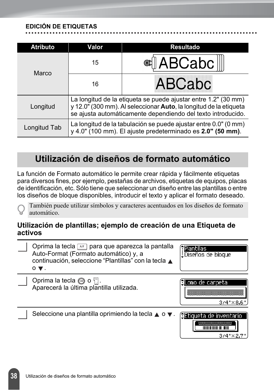 Utilización de diseños de formato automático, P. 38 | Brother PT-2100 User Manual | Page 122 / 161