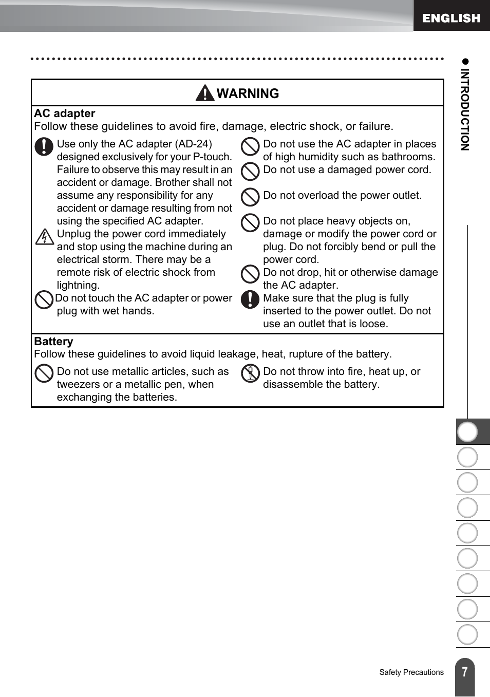 Warning | Brother PT-2100 User Manual | Page 13 / 161