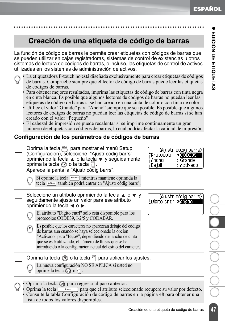 Creación de una etiqueta de código de barras | Brother PT-2100 User Manual | Page 131 / 161