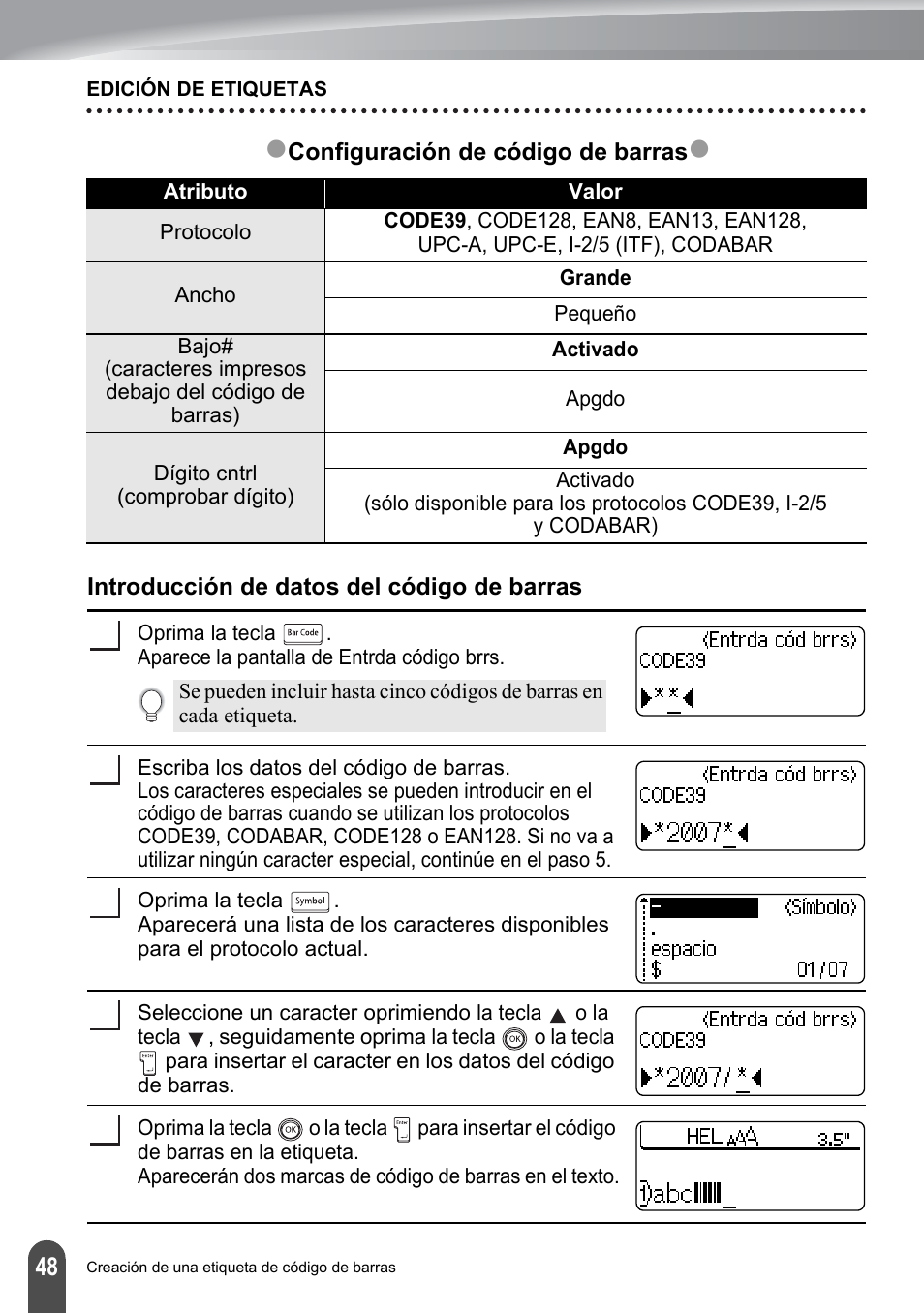 Introducción de datos del código de barras | Brother PT-2100 User Manual | Page 132 / 161