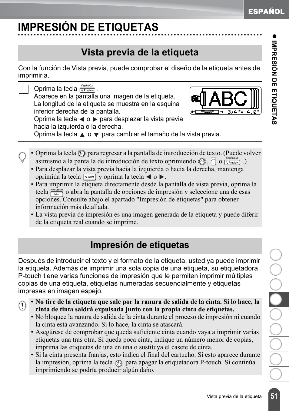 Impresión de etiquetas, Vista previa de la etiqueta, P. 51 | Vista previa de la etiqueta impresión de etiquetas | Brother PT-2100 User Manual | Page 135 / 161