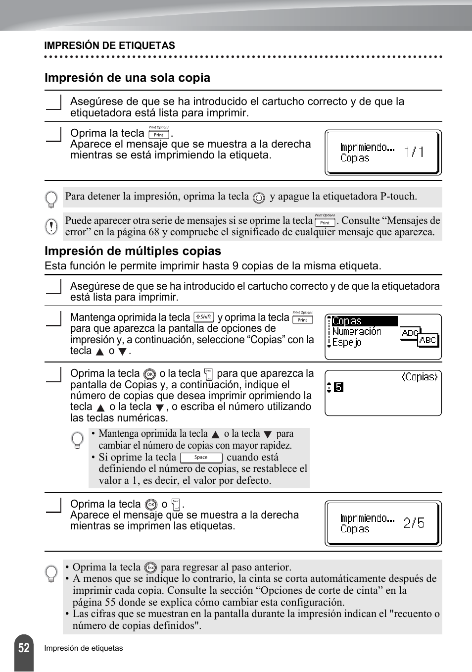 Impresión de una sola copia, Impresión de múltiples copias, P. 52 | Brother PT-2100 User Manual | Page 136 / 161