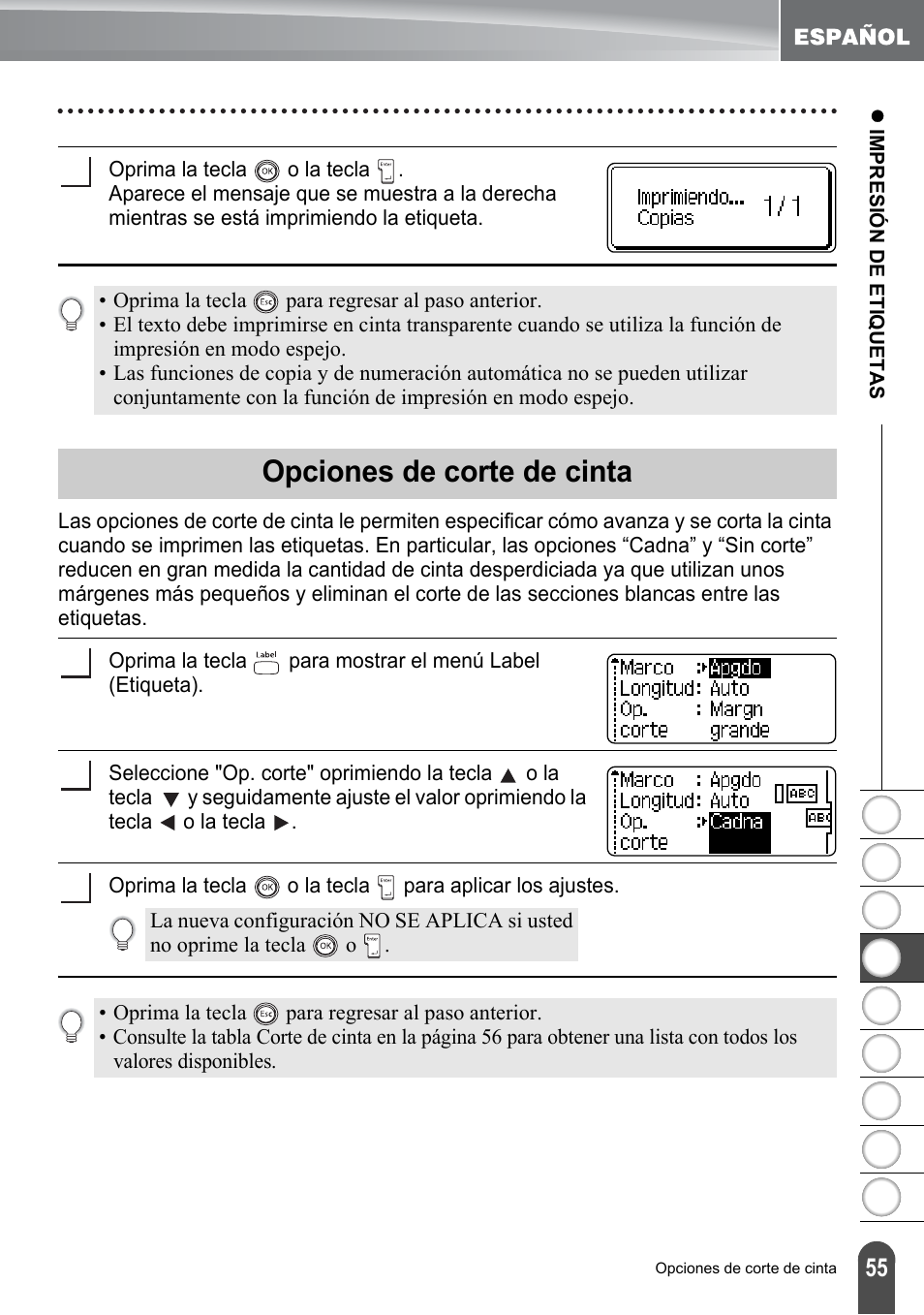 Opciones de corte de cinta, P. 55, Opciones de corte de cinta” en la | Brother PT-2100 User Manual | Page 139 / 161