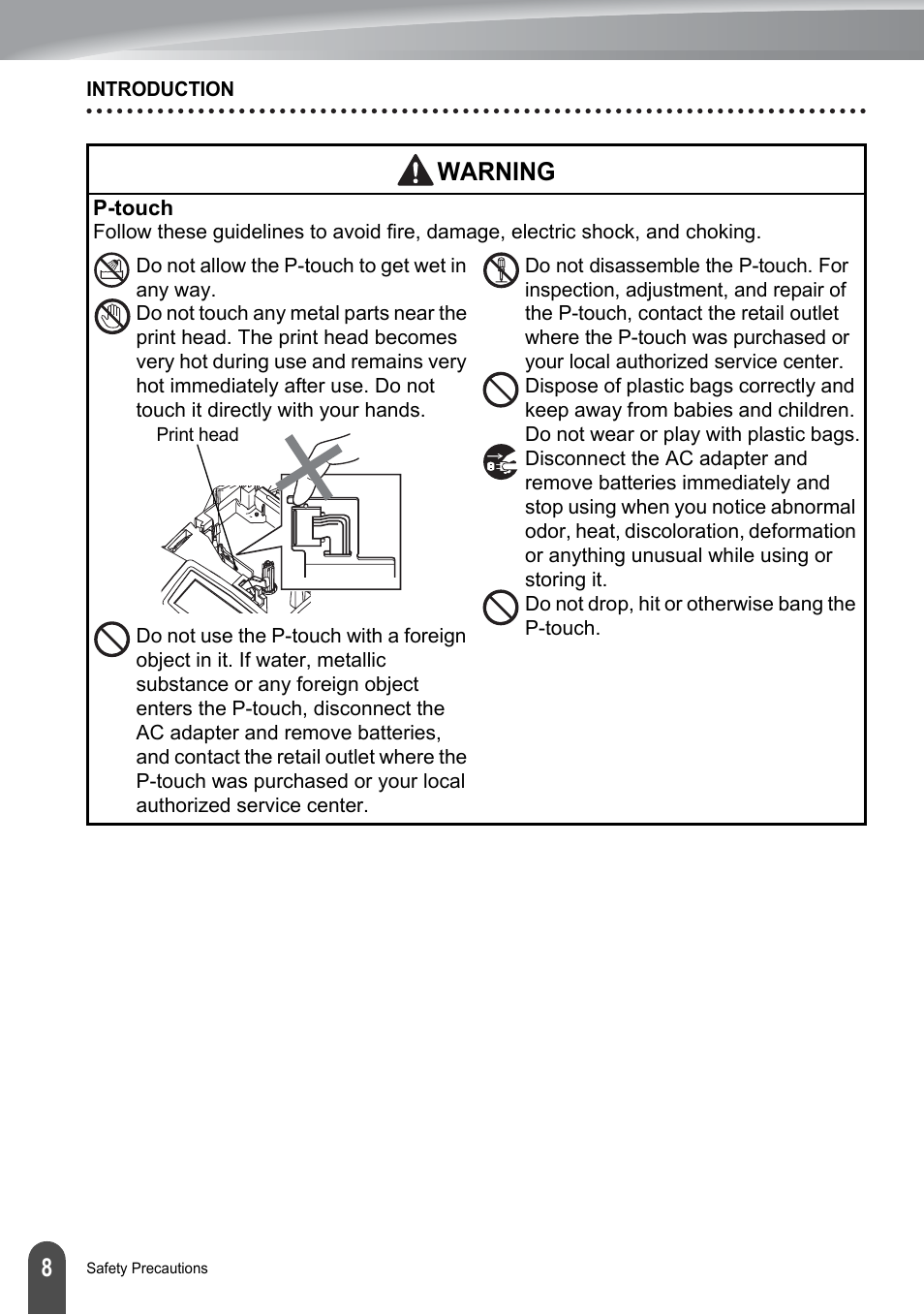 Warning | Brother PT-2100 User Manual | Page 14 / 161