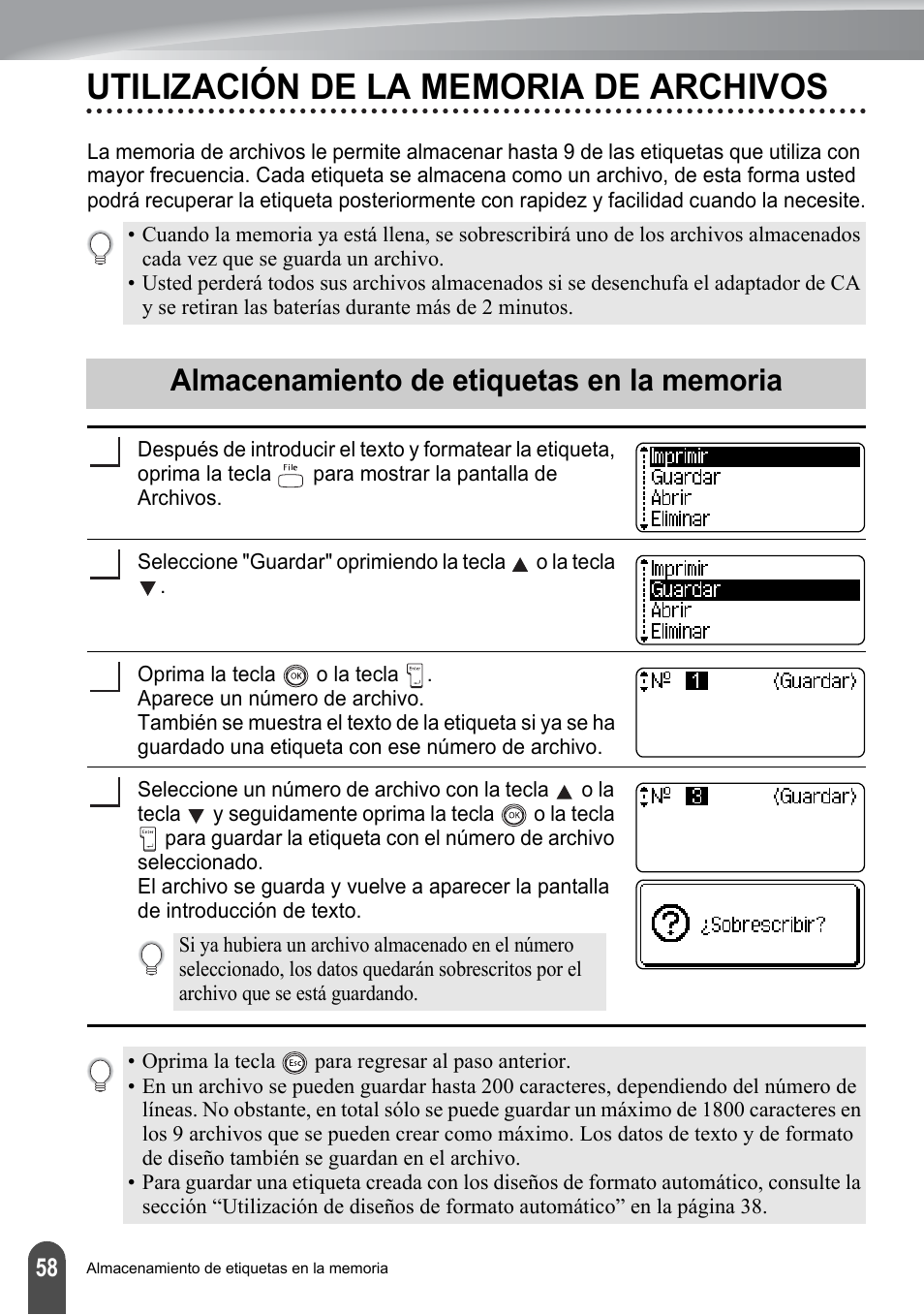 Utilización de la memoria de archivos, Almacenamiento de etiquetas en la memoria, P. 58 | Brother PT-2100 User Manual | Page 142 / 161