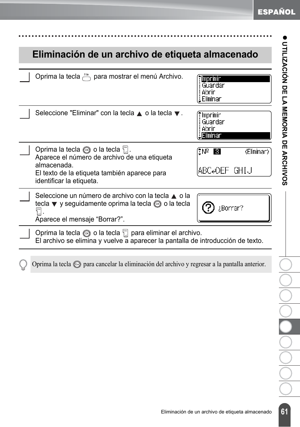 Eliminación de un archivo de etiqueta almacenado | Brother PT-2100 User Manual | Page 145 / 161