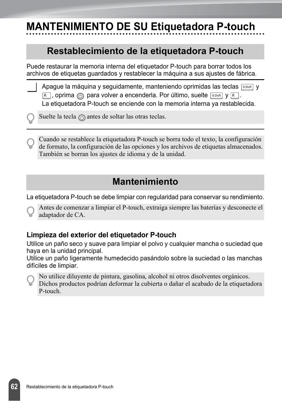 Mantenimiento de su etiquetadora p-touch, Restablecimiento de la etiquetadora p-touch, Mantenimiento | Limpieza del exterior del etiquetador p-touch, P. 62 | Brother PT-2100 User Manual | Page 146 / 161