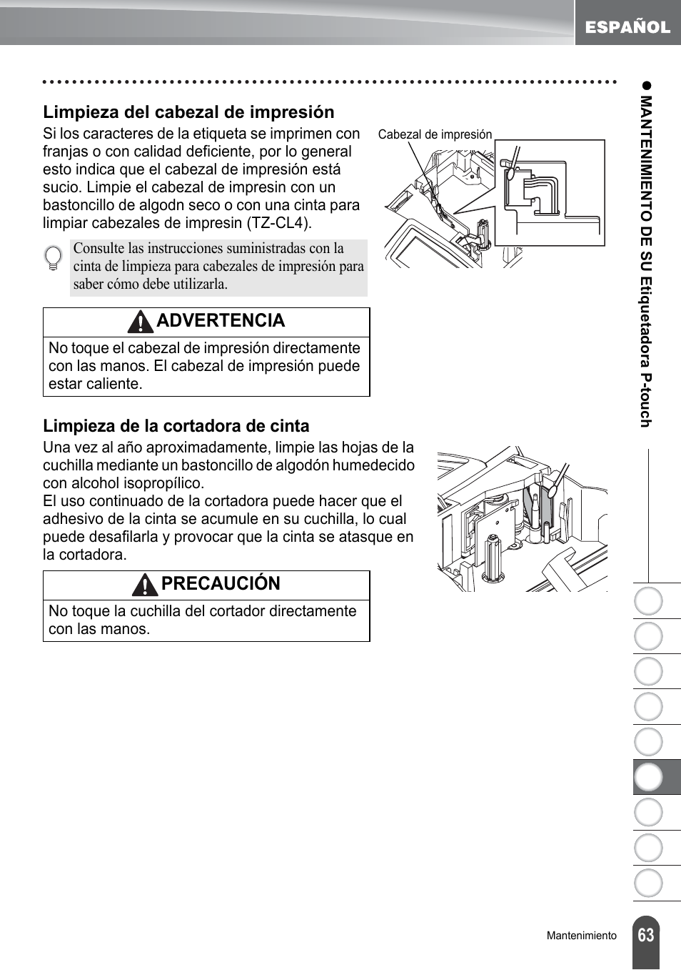 Limpieza del cabezal de impresión, Limpieza de la cortadora de cinta, Advertencia | Precaución | Brother PT-2100 User Manual | Page 147 / 161
